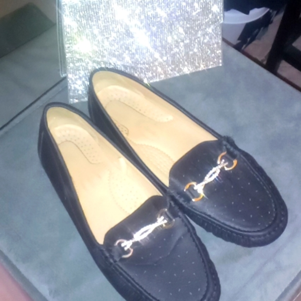 Women's Black Flat Dress Shoe, Gold Rhinestone Details  Size 9